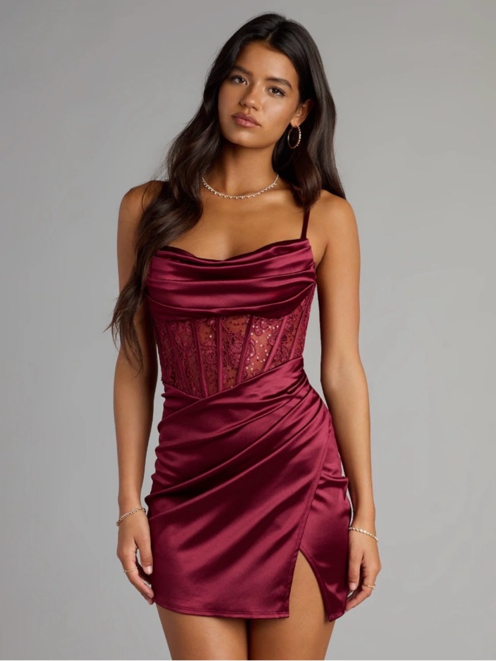 Satin Lace Corset Mini Dress in Burgundy